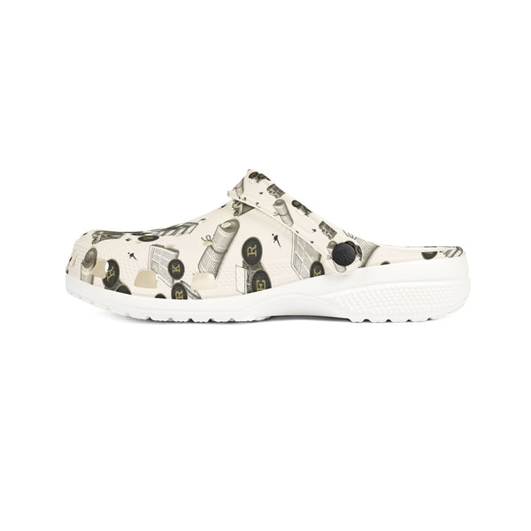 White clog shoe with black pattern on a white background