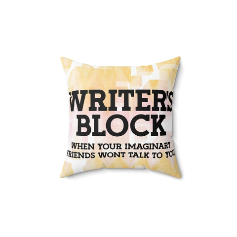 Pillow with 'Writer's Block' text design on a white background