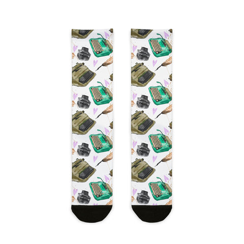 Socks with typewriter design on a white background
