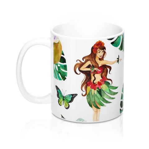Hula Dancer and Tropical Flower Coffee Mugs, Hawaiian Home Decor 11oz