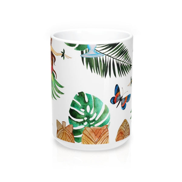 Hula Dancer and Tropical Flower Coffee Mugs, Hawaiian Home Decor 15oz