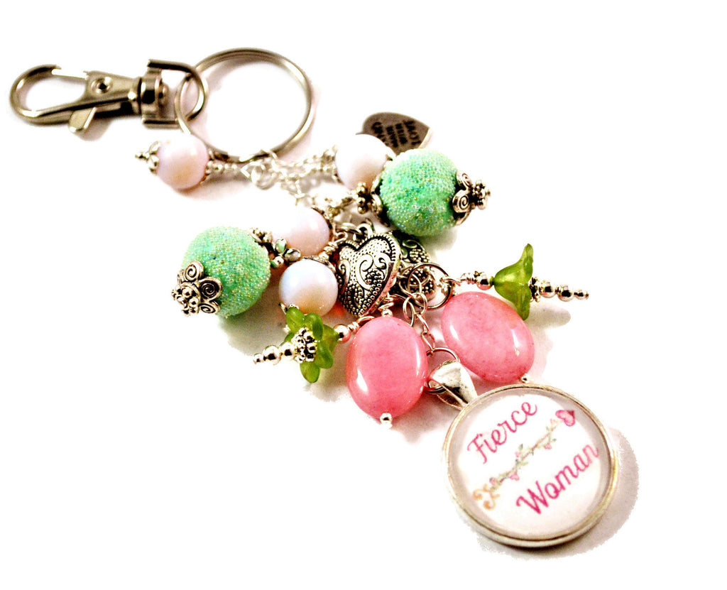 Fierce Woman Handmade Beaded Keyring Purse Charm with Pink and Green Dangles