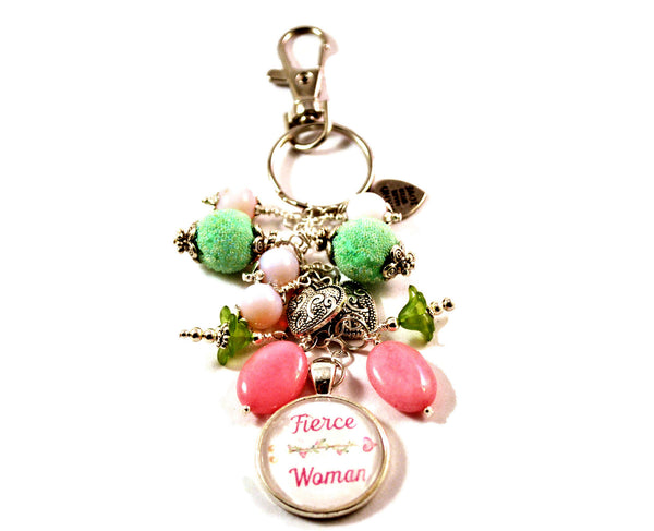 Fierce Woman Handmade Beaded Keyring Purse Charm with Pink and Green Dangles