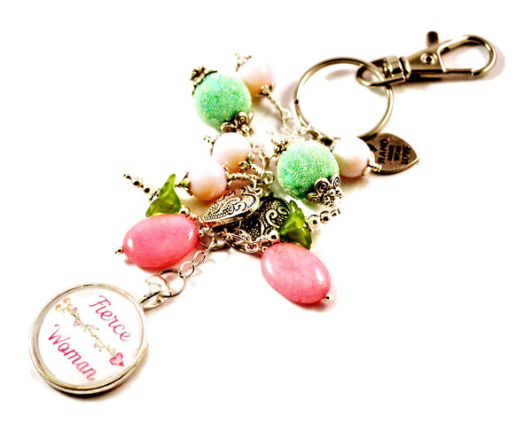 Fierce Woman Handmade Beaded Keyring Purse Charm with Pink and Green Dangles
