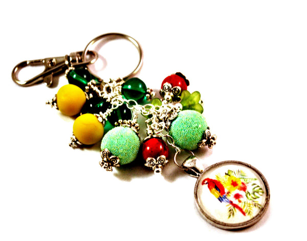 Red Macaw Parrot Key Chain Purse Charm Beaded Keyrings for Women