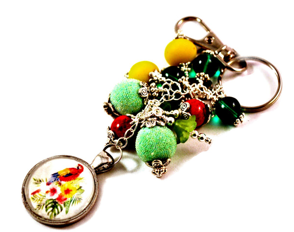 Red Macaw Parrot Key Chain Purse Charm Beaded Keyrings for Women