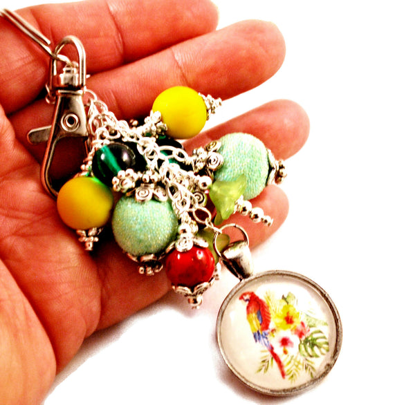 Red Macaw Parrot Key Chain Purse Charm Beaded Keyrings for Women