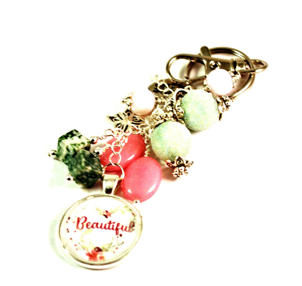Beautiful Pink Purse Charm Keychain Beaded Keyrings for Women Inspirational