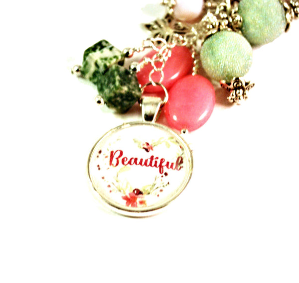 Beautiful Pink Purse Charm Keychain Beaded Keyrings for Women Inspirational