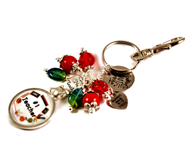 Number 1 Teacher Women's Key Chain Purse Charm Beaded Keyrings for Women
