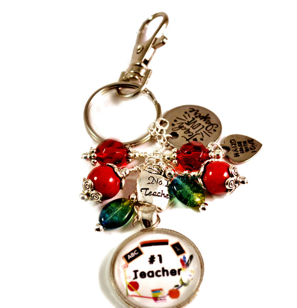 Number 1 Teacher Women's Key Chain Purse Charm Beaded Keyrings for Women