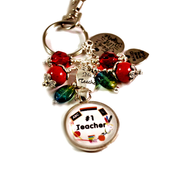 Number 1 Teacher Women's Key Chain Purse Charm Beaded Keyrings for Women