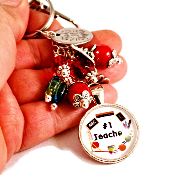 Number 1 Teacher Women's Key Chain Purse Charm Beaded Keyrings for Women