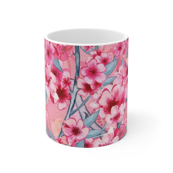 Cherry Blossom White Ceramic Coffee Mug, 11oz and 15oz