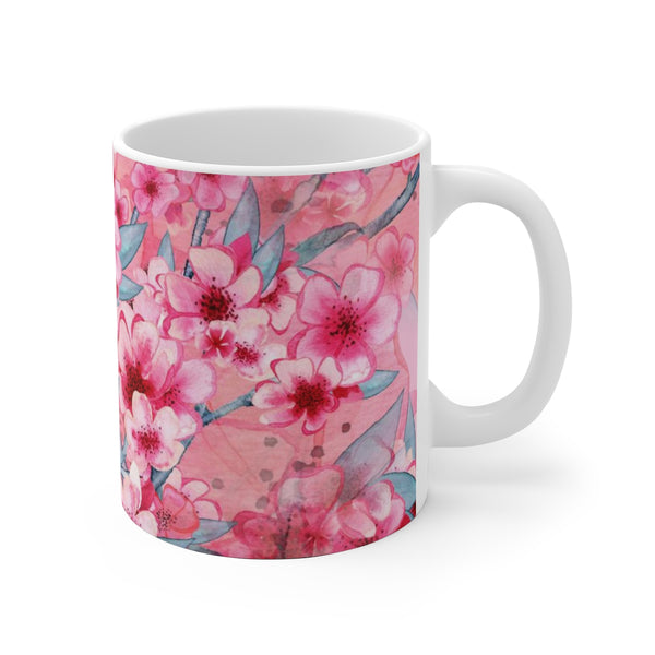 Cherry Blossom White Ceramic Coffee Mug, 11oz and 15oz