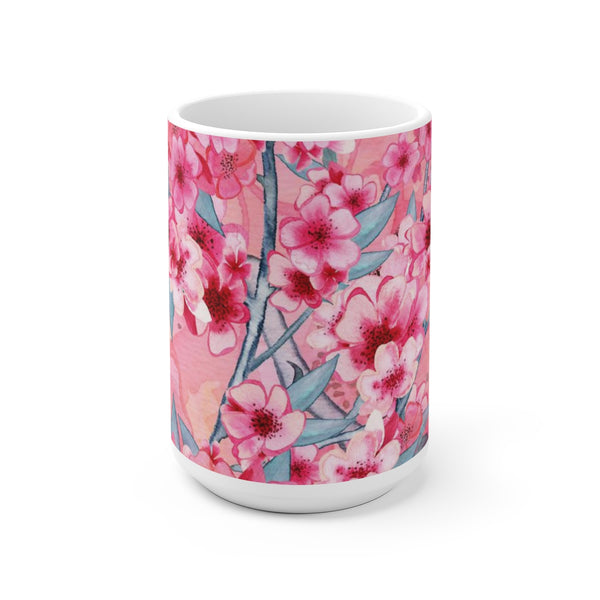 Cherry Blossom White Ceramic Coffee Mug, 11oz and 15oz