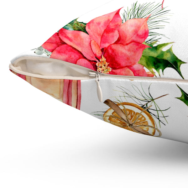 Christmas Throw Pillow, Home 
 Holiday Decor zipper on the side showing the edge of a poinsettia.