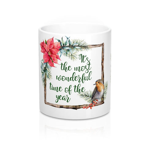 Holiday Christmas Coffee Mug 11oz White Ceramic with Poinsettias