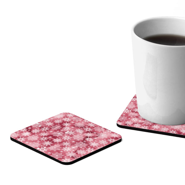 Snowflake Pink Square Hardboard Coaster Set - 4pcs
