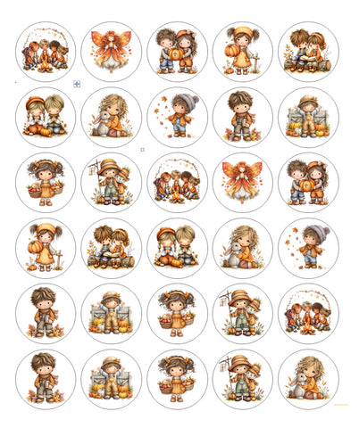Set of illustrated characters in autumn-themed outfits on a white background