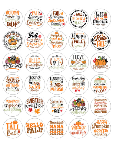 Collection of circular fall-themed stickers with various phrases and graphics.