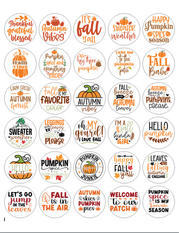 Collection of circular fall-themed stickers with various phrases and graphics on a white background.
