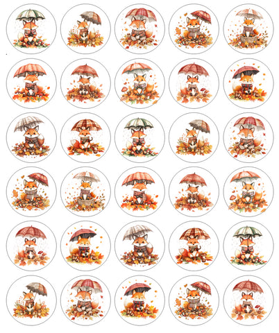 Repeating pattern of a fox with an umbrella and autumn leaves on a white background.