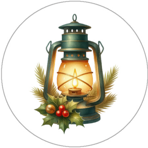 Decorative lantern with a candle, surrounded by holly leaves and berries on a white background.