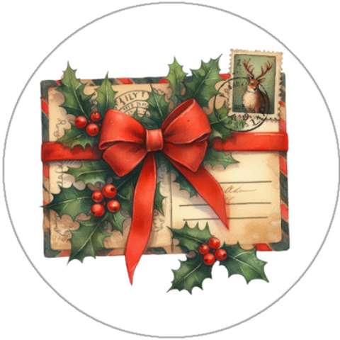 Decorative Christmas card with a red bow, holly leaves, and berries on a white background.