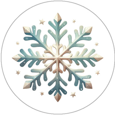 Decorative snowflake design with a gradient of blue, green, and beige on a white background.