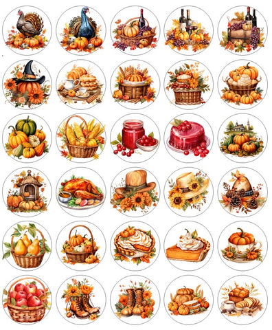 Collection of Thanksgiving-themed illustrations including pumpkins, turkeys, and harvest scenes.
