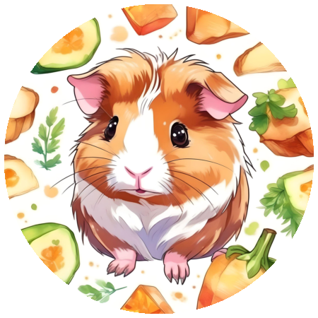 Handmade stickers with a cute guinea pig surrounded by veggies.