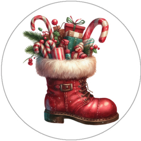 Red Christmas boot filled with presents, candy canes, and ornaments on a white background