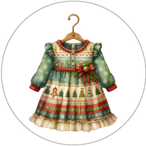 Children's Christmas-themed dress on a hanger against a white background