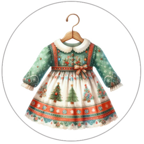 Children's Christmas-themed dress on a hanger against a white background