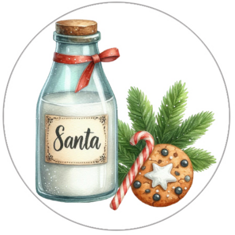 Bottle with 'Santa' label, candy cane, cookie, and pine branch on a white background