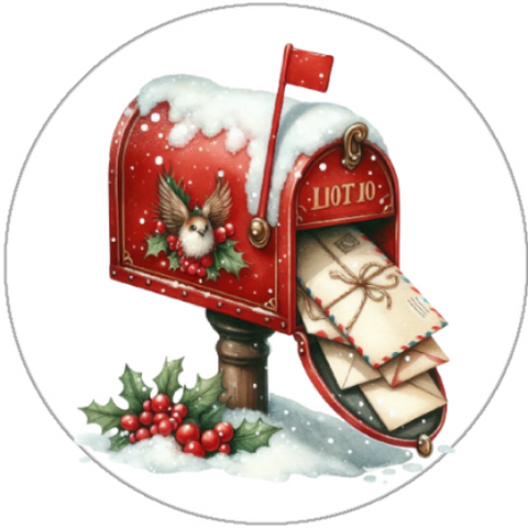 Decorative Christmas mailbox with snow, holly, and letters on a white background
