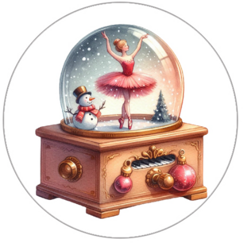 Christmas-themed snow globe with a ballerina, snowman, and tree inside.
