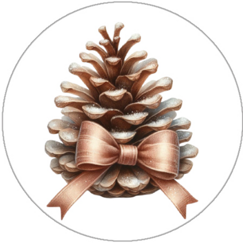 Decorative pine cone with a pink bow on a white background
