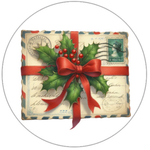 Decorative Christmas gift with holly leaves, red berries, and a red bow on a vintage letter background.