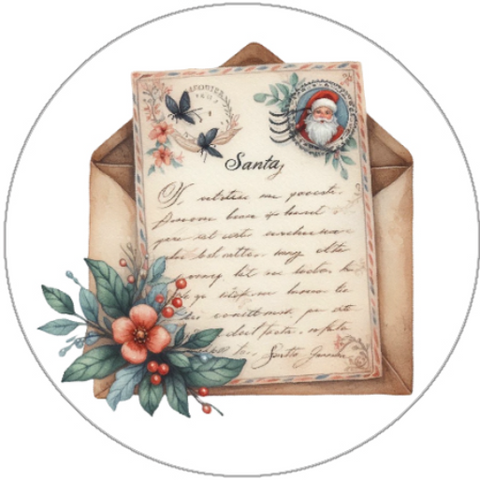 Vintage-style letter to Santa with floral decorations on a white background
