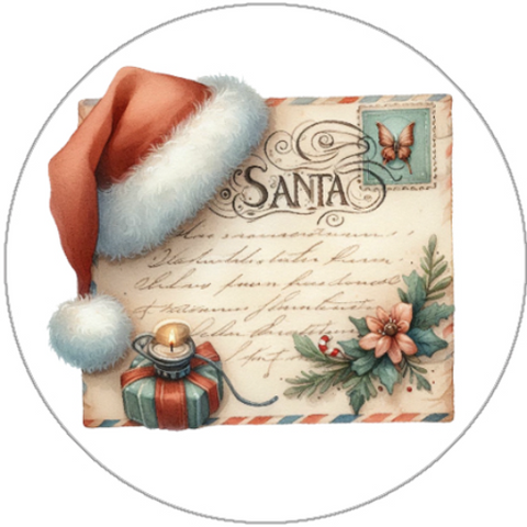 Vintage-style illustration of a Santa hat, letter, and gift with decorative elements on a white background.