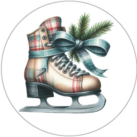 Decorative ice skate with plaid ribbon and pine branch on a white background