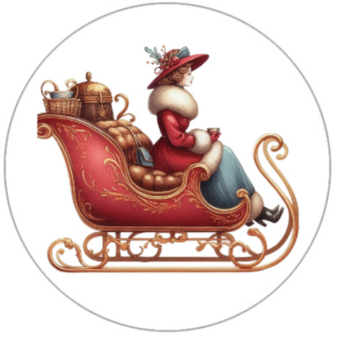 Decorative illustration of a woman in a red coat and hat sitting in a red sleigh with gold accents.
