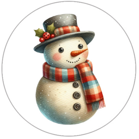 Illustration of a snowman with a colorful scarf, top hat, and buttons on a white background.