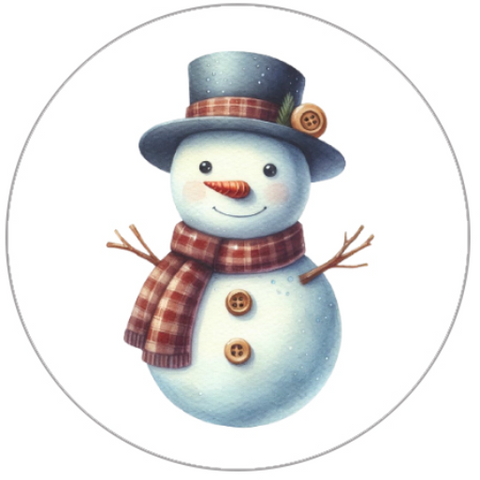 Cartoon snowman with a top hat, scarf, and buttons on a white background