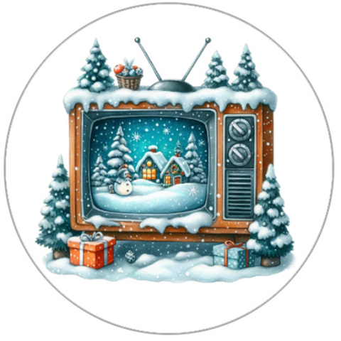 Vintage television set in a snowy landscape with trees and presents.