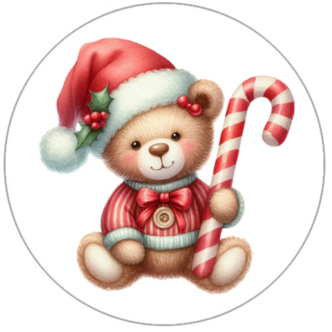Christmas-themed teddy bear with a candy cane on a white background
