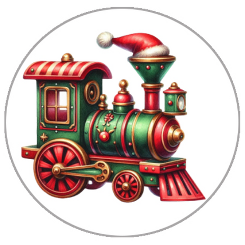 Colorful toy train with a Santa hat on a white background