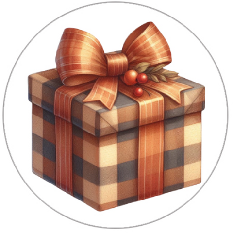 Decorative gift box with a plaid pattern and a large bow on a white background